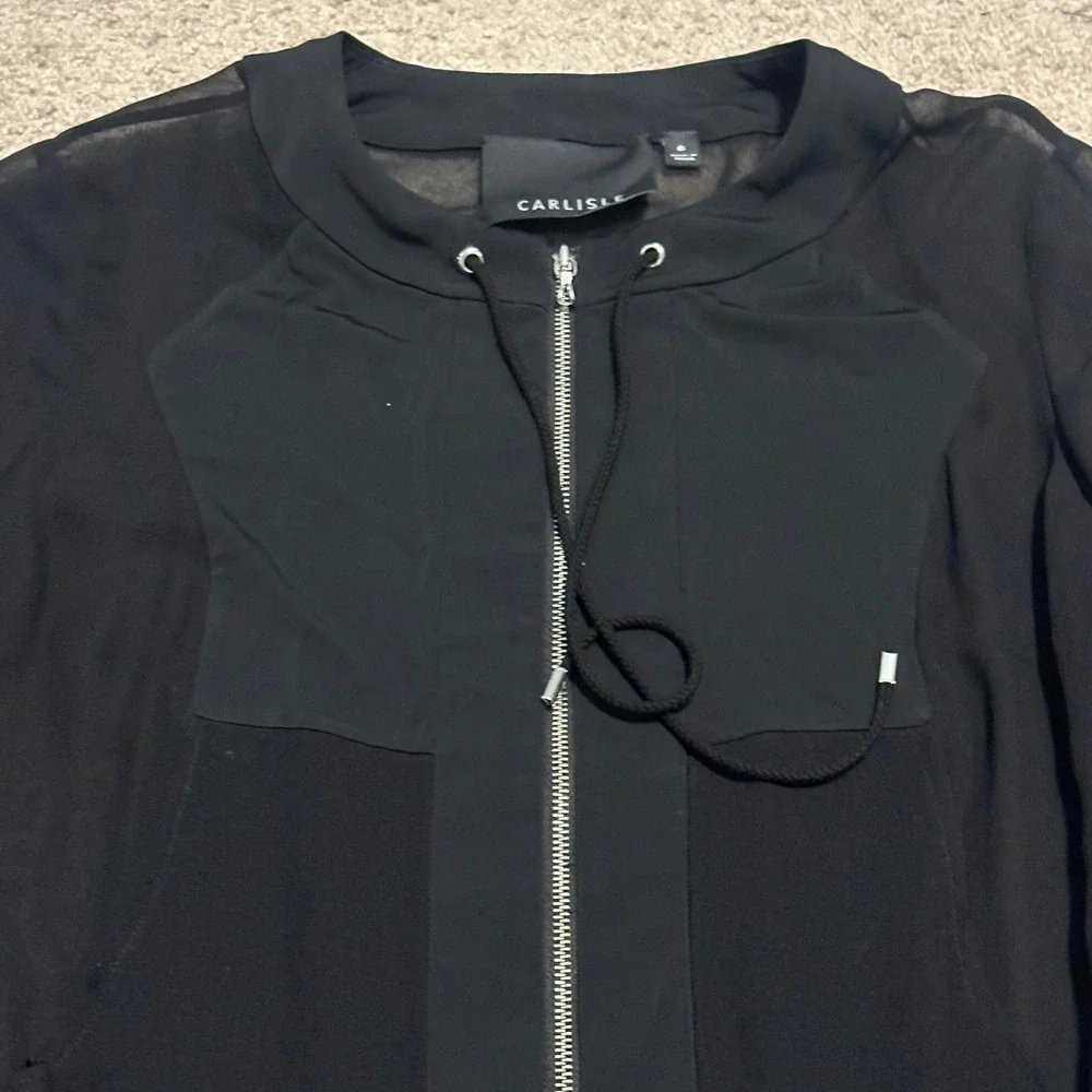 CARLISLE Black 100% Silk Bomber Jacket Zip Front Drawstring Detail‎ Women Size 6